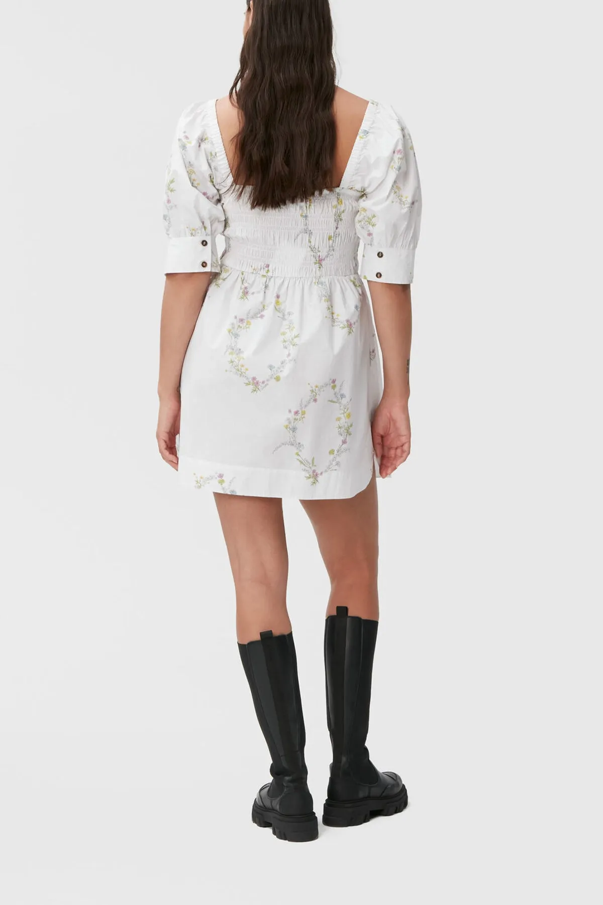 Printed Cotton Mini Smock Dress in Floral Shape Bright White