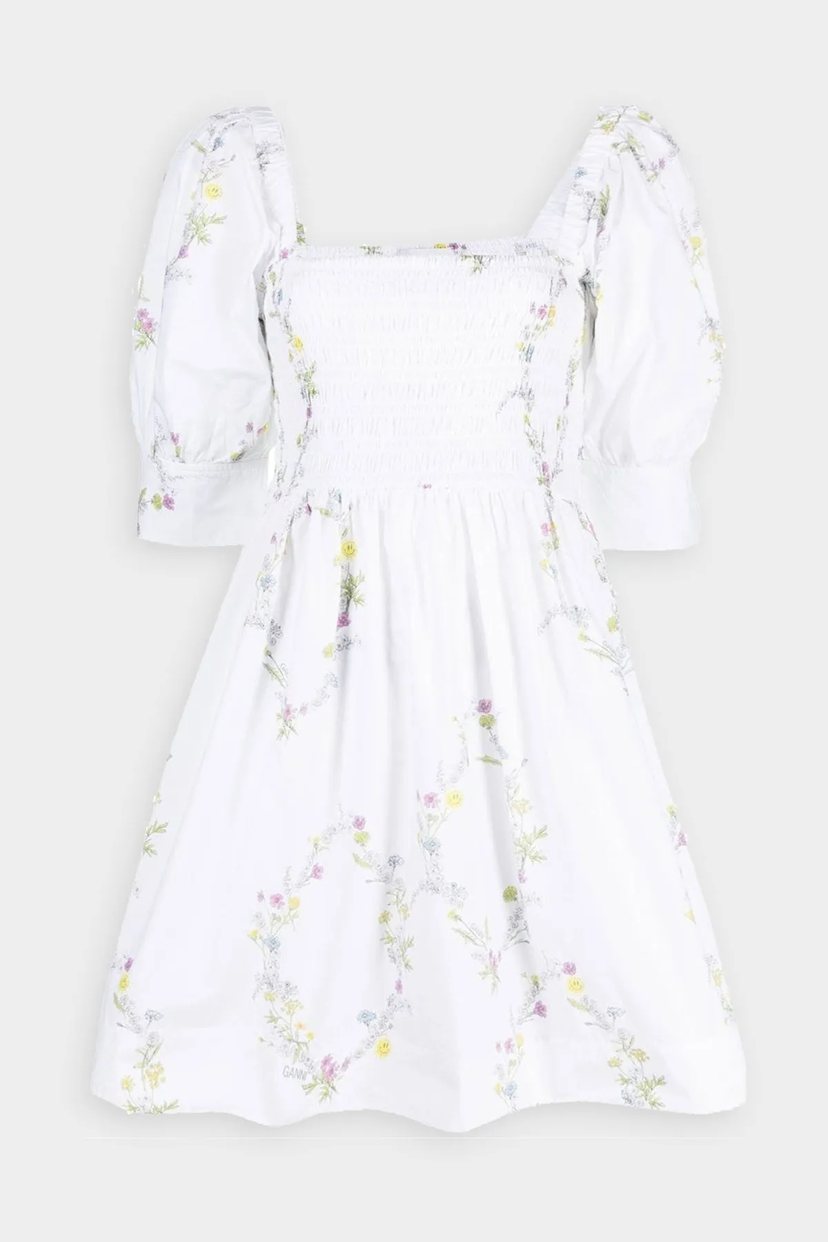 Printed Cotton Mini Smock Dress in Floral Shape Bright White