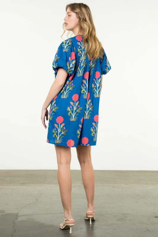 Puff Sleeve Flower Print Dress