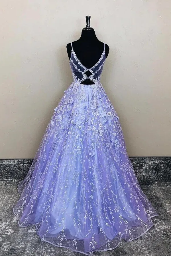 Purple Tulle A-line Lace Appliques Long Prom Dresses, Evening Dresses, MP758