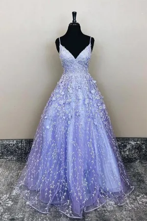 Purple Tulle A-line Lace Appliques Long Prom Dresses, Evening Dresses, MP758
