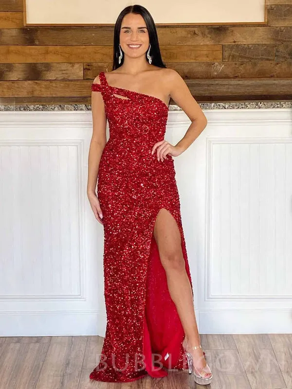 Purple/Hot Pink Sequin One Shoulder Long Mermaid Long Evening Prom Dresses, Cheap Custom Prom Dresses, MR7972