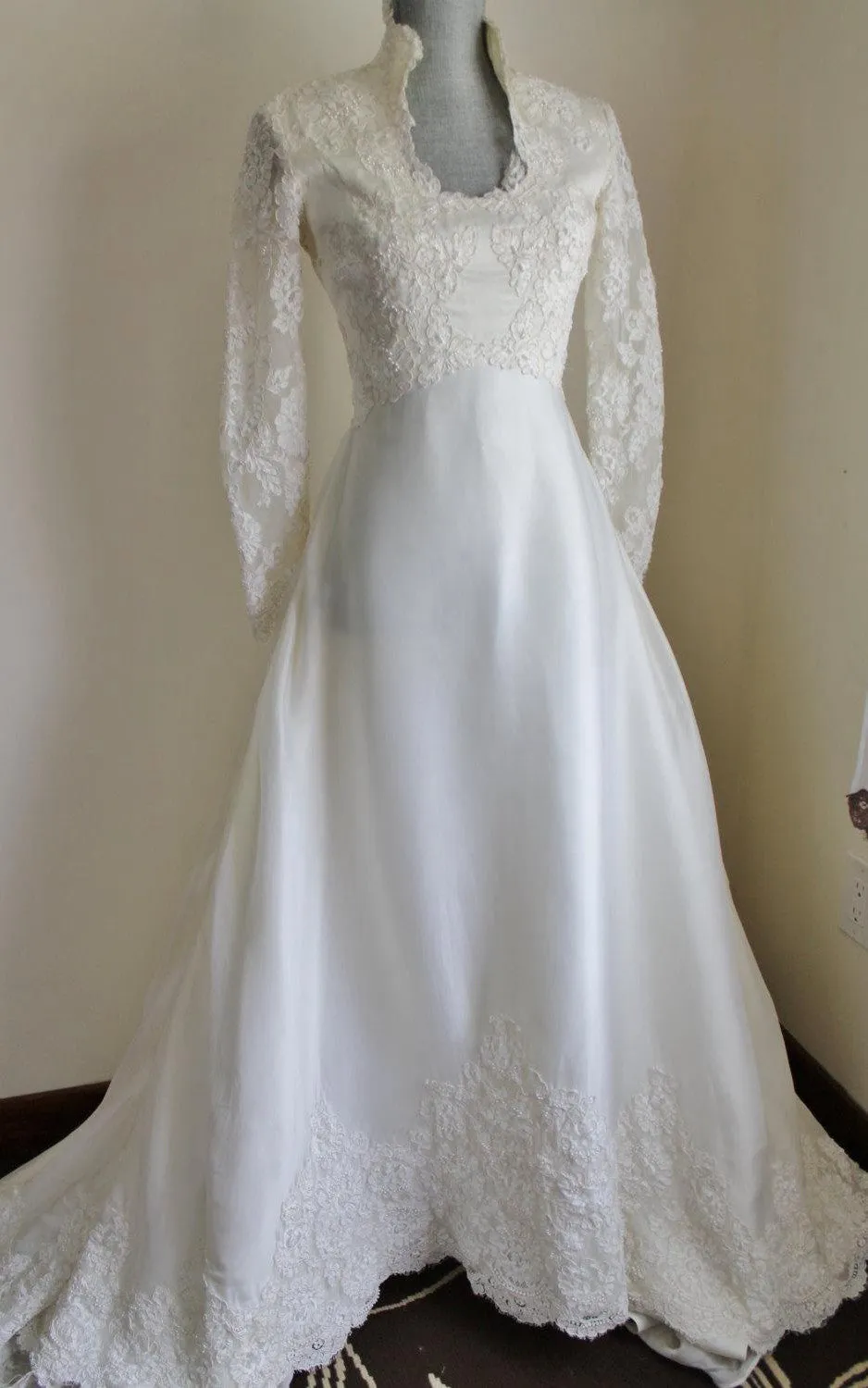 Queen Anne Neck Long Sleeve A-Line Satin Wedding Dress With Lace Hem-ET_711382