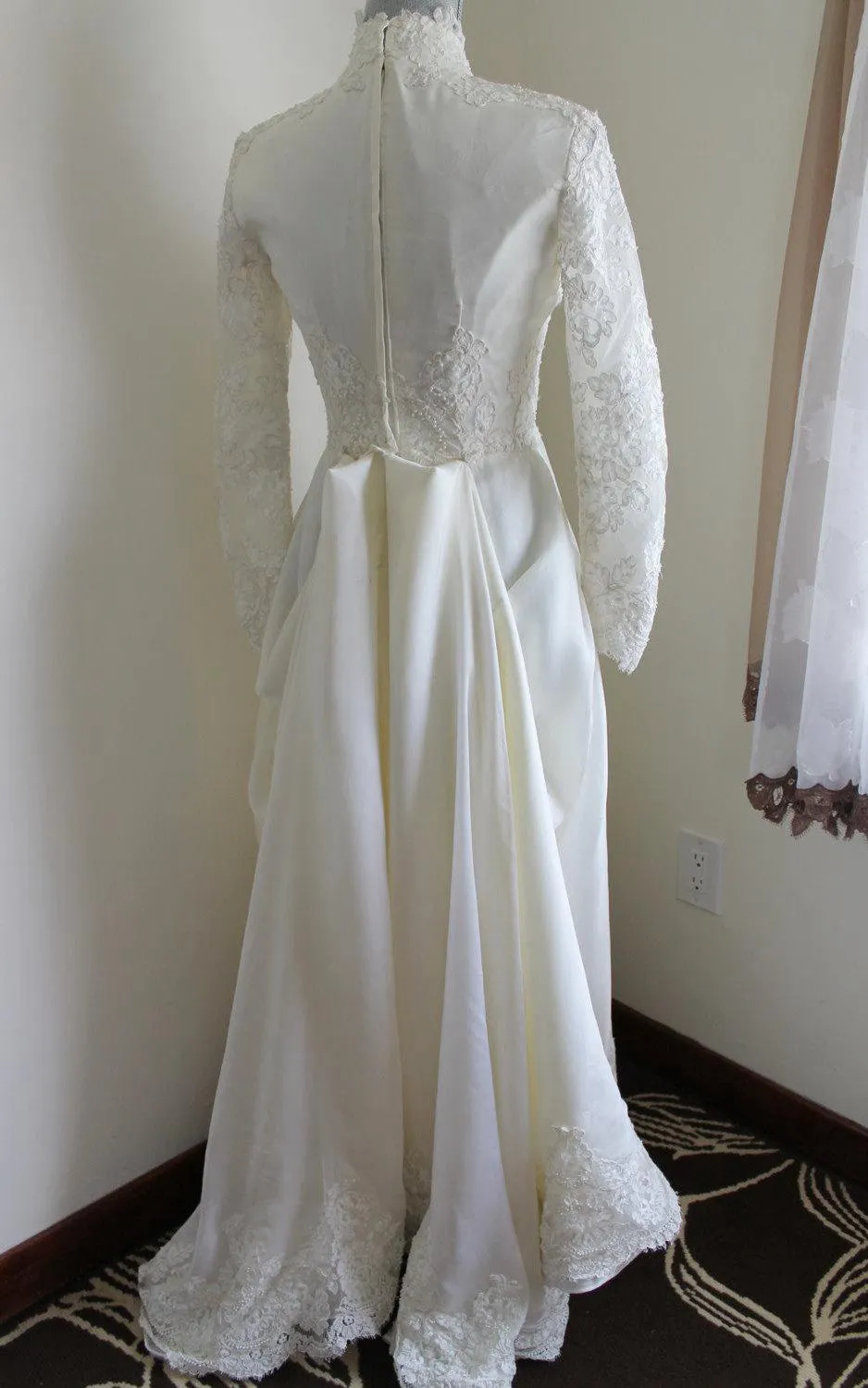 Queen Anne Neck Long Sleeve A-Line Satin Wedding Dress With Lace Hem-ET_711382