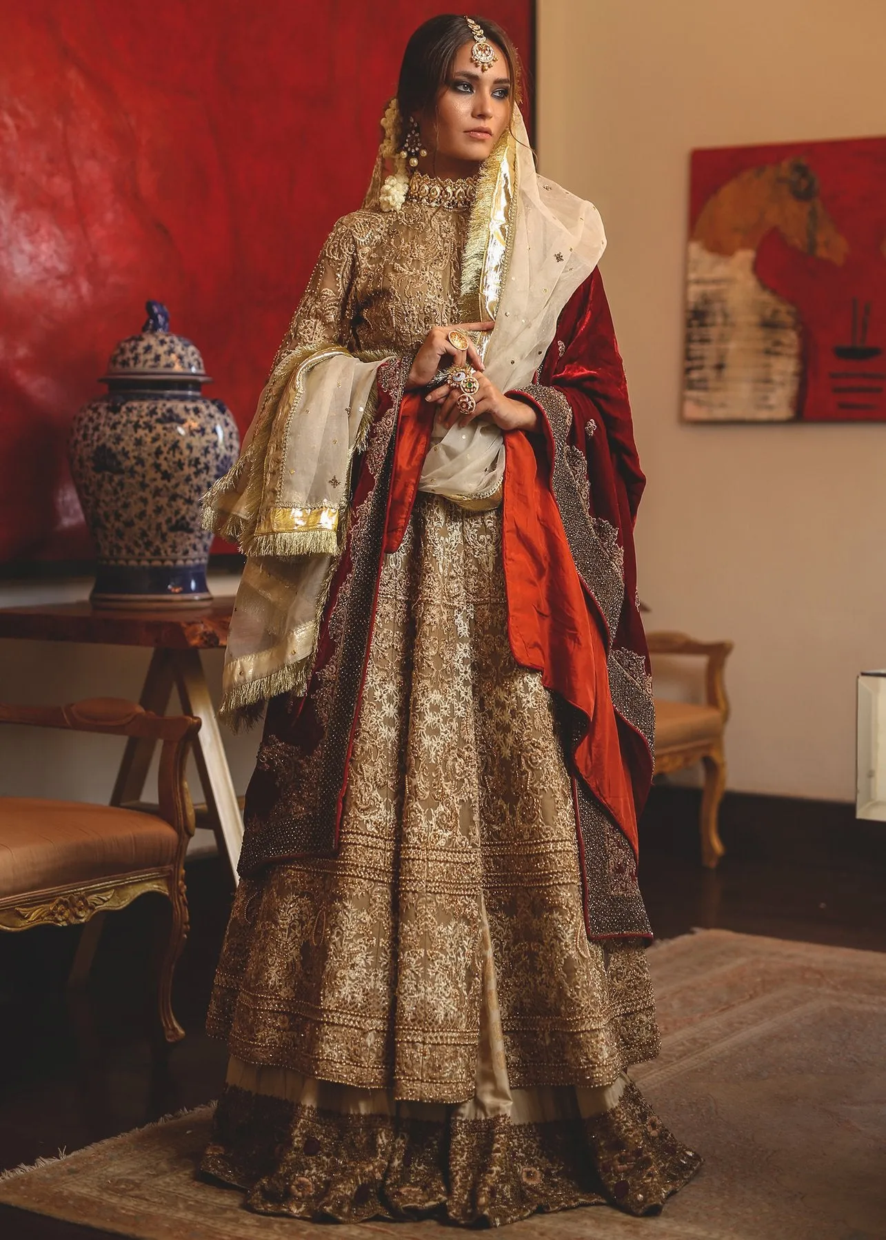 Red anarkali frock by designer beautifully embroidered # B3332