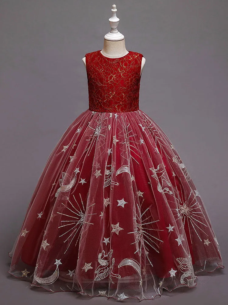 Red Jewel Neck Sleeveless Ankle-Length A-Line Embroidered Polyester Kids Party Dresses