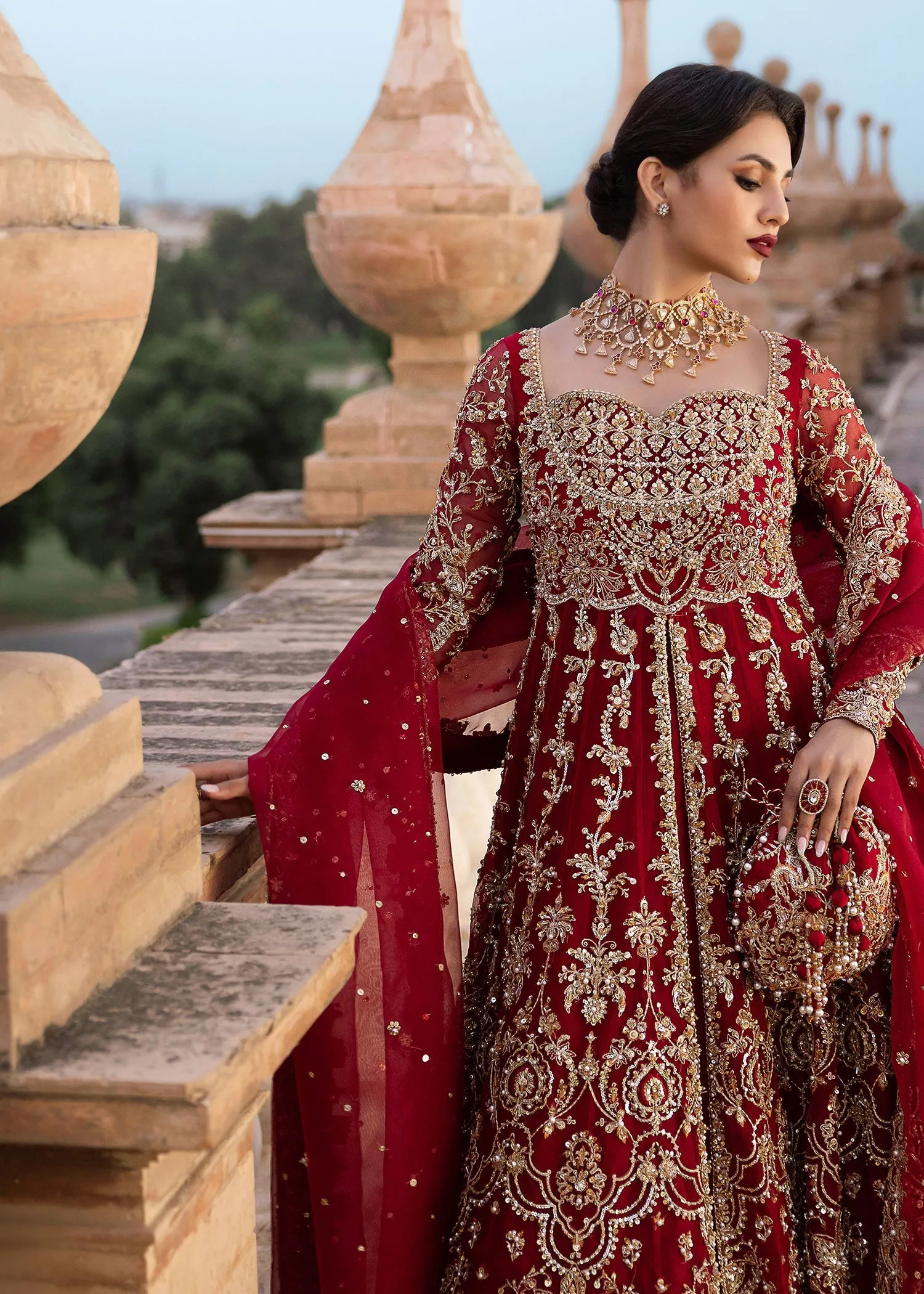 Red Pakistani Bridal Dress in Lehenga and Pishwas Style