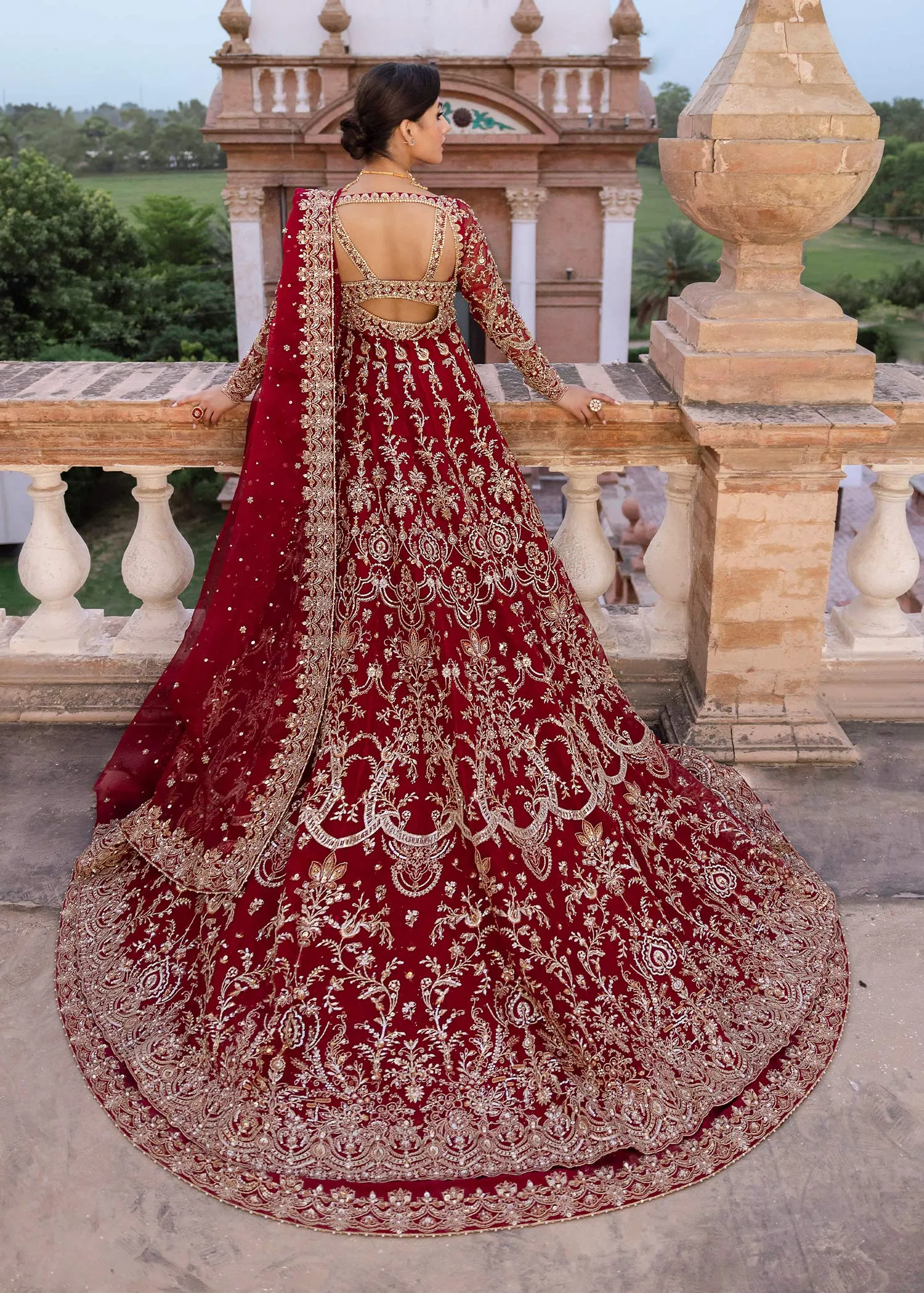 Red Pakistani Bridal Dress in Lehenga and Pishwas Style