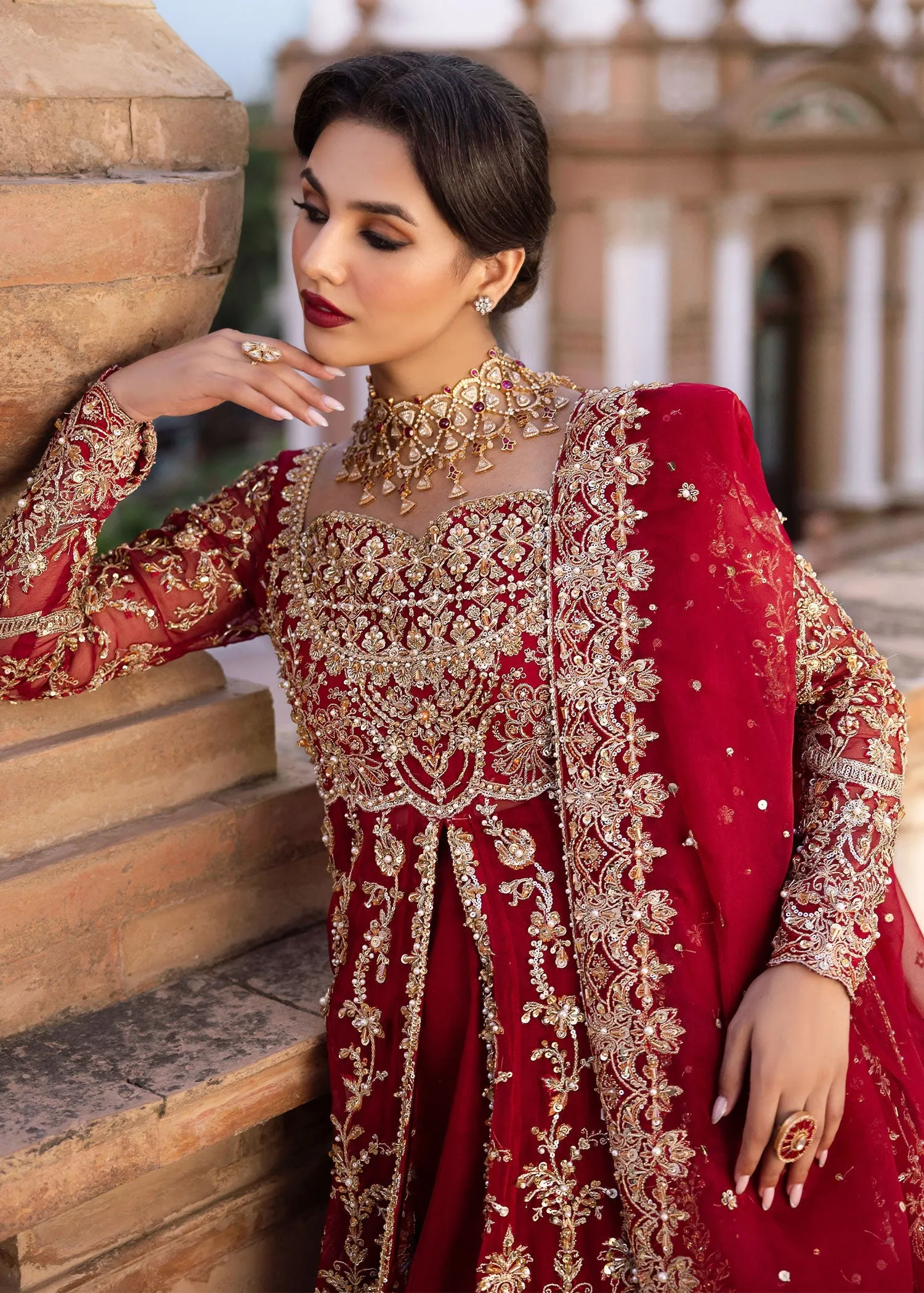 Red Pakistani Bridal Dress in Lehenga and Pishwas Style