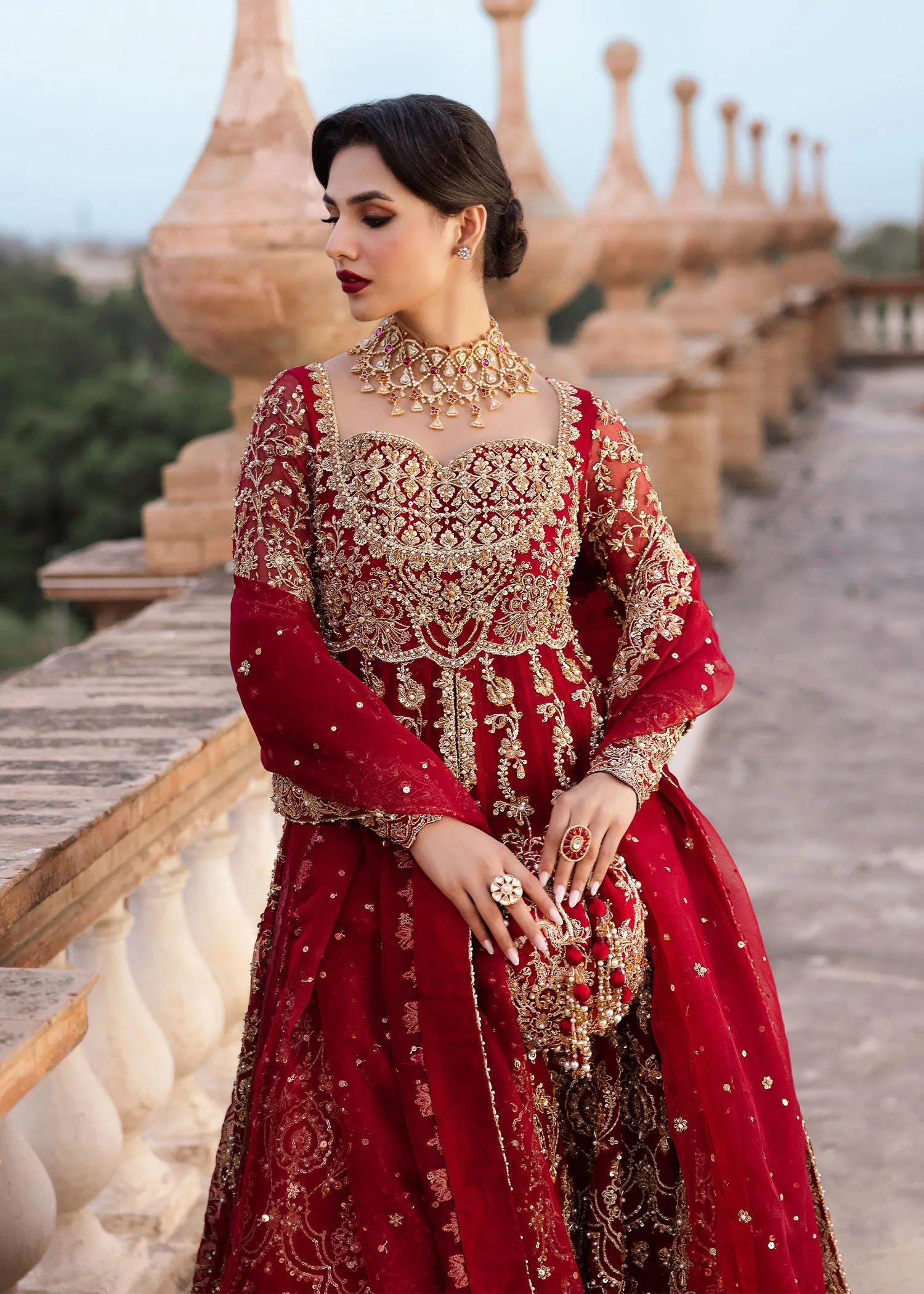 Red Pakistani Bridal Dress in Lehenga and Pishwas Style