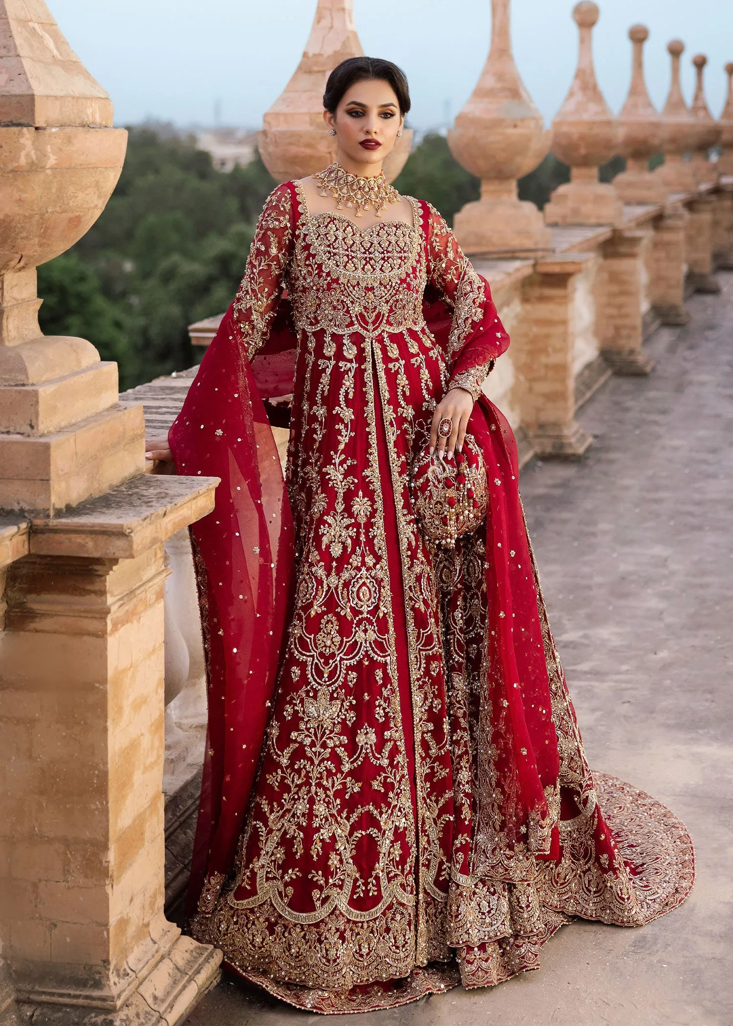 Red Pakistani Bridal Dress in Lehenga and Pishwas Style