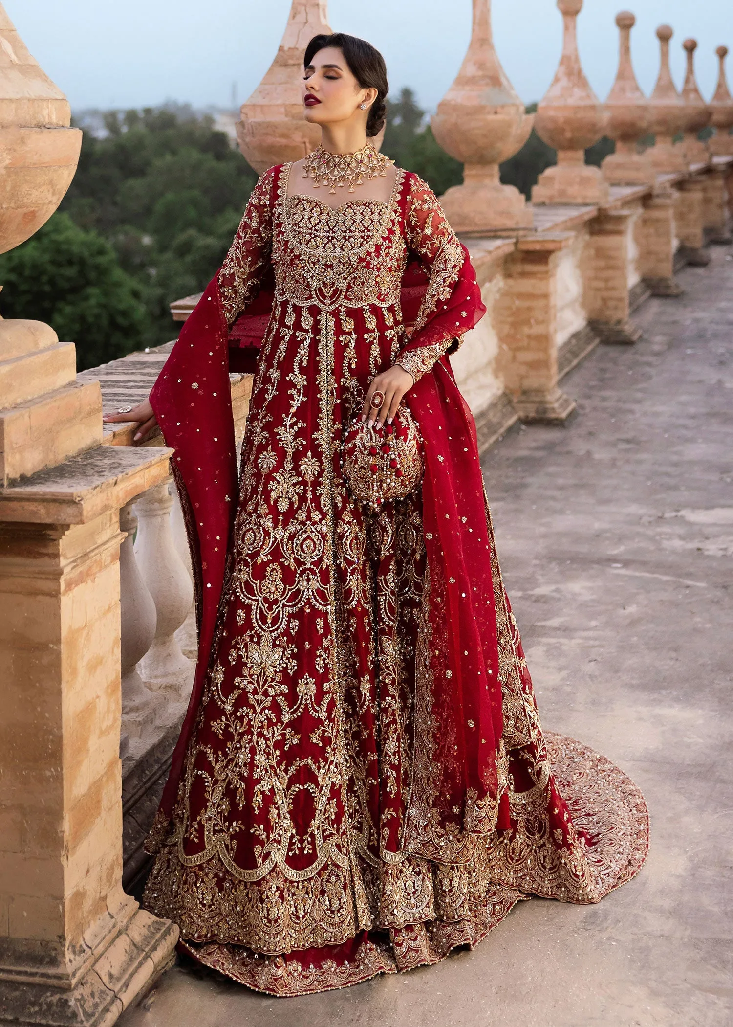 Red Pakistani Bridal Dress in Lehenga and Pishwas Style