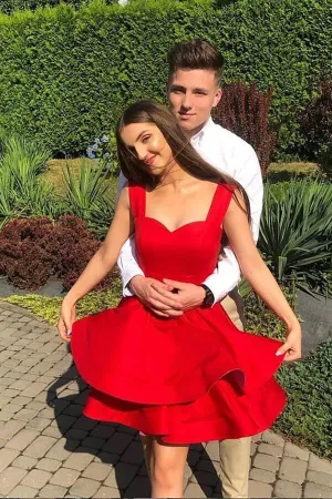 Red Satin A-line Sweetheart Backless Homecoming Dresses With Straps, MH555