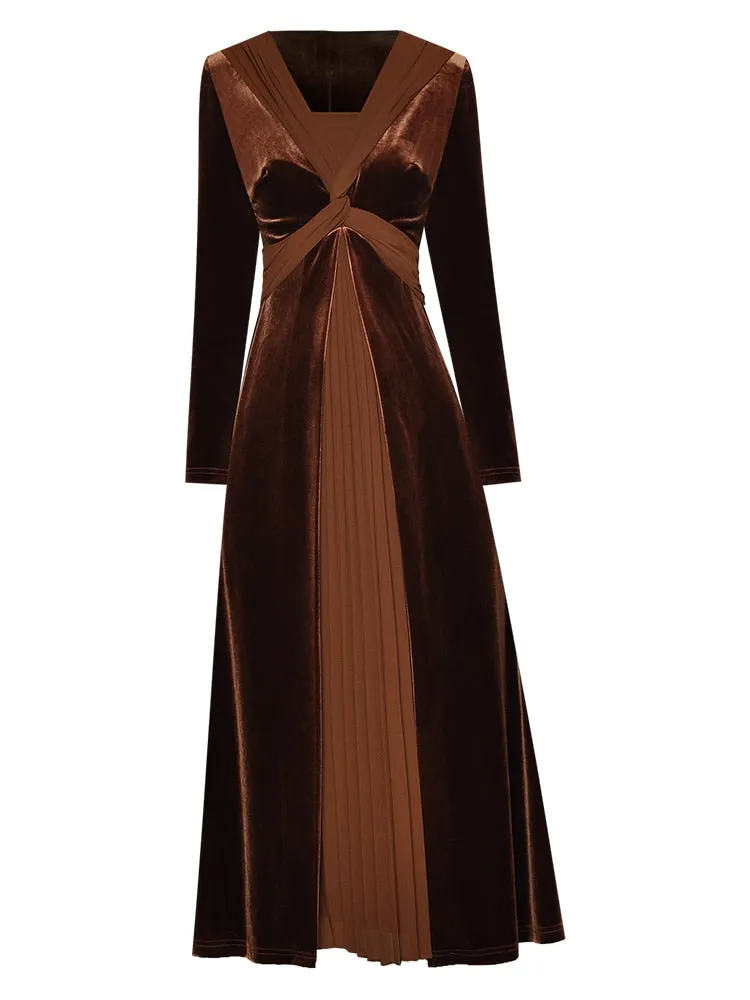 Renata Velvet Midi Dress Women's Square Collar Long Sleeve Patchwork Pleated Party Dress