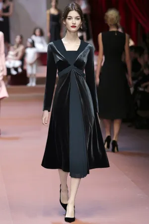 Renata Velvet Midi Dress Women's Square Collar Long Sleeve Patchwork Pleated Party Dress