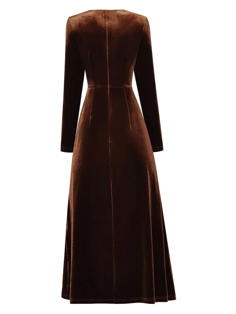 Renata Velvet Midi Dress Women's Square Collar Long Sleeve Patchwork Pleated Party Dress