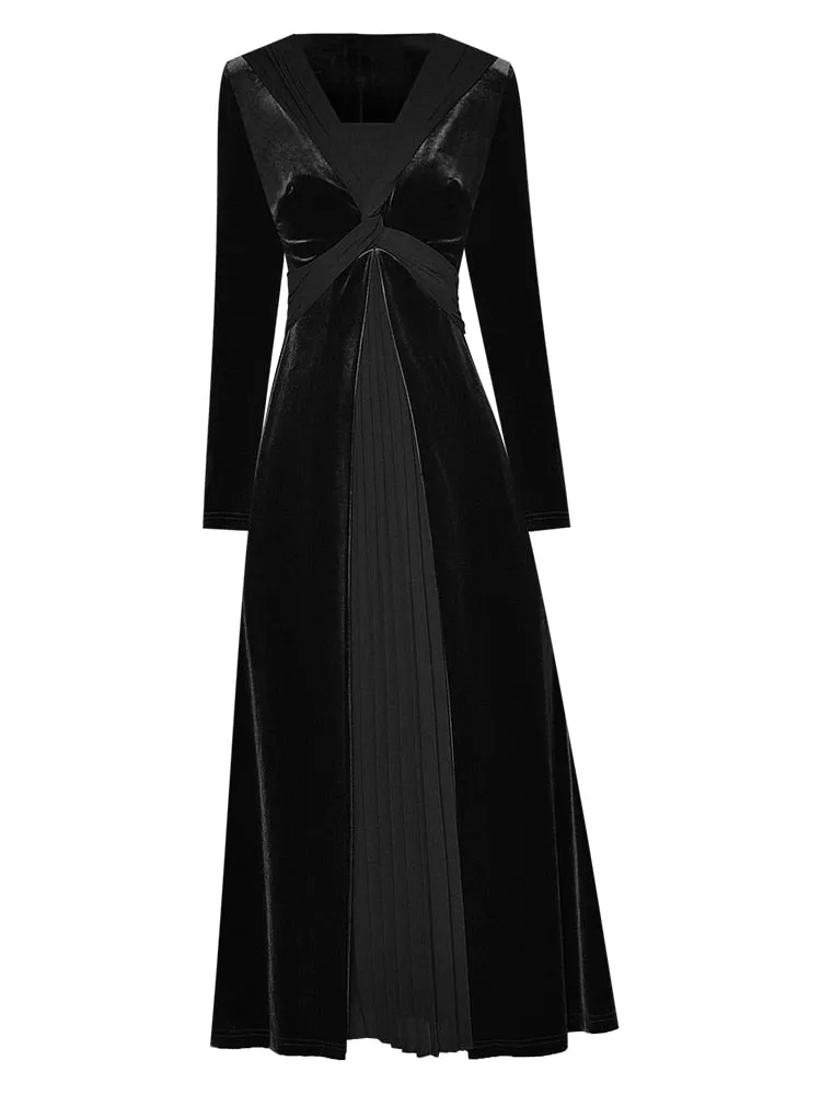 Renata Velvet Midi Dress Women's Square Collar Long Sleeve Patchwork Pleated Party Dress