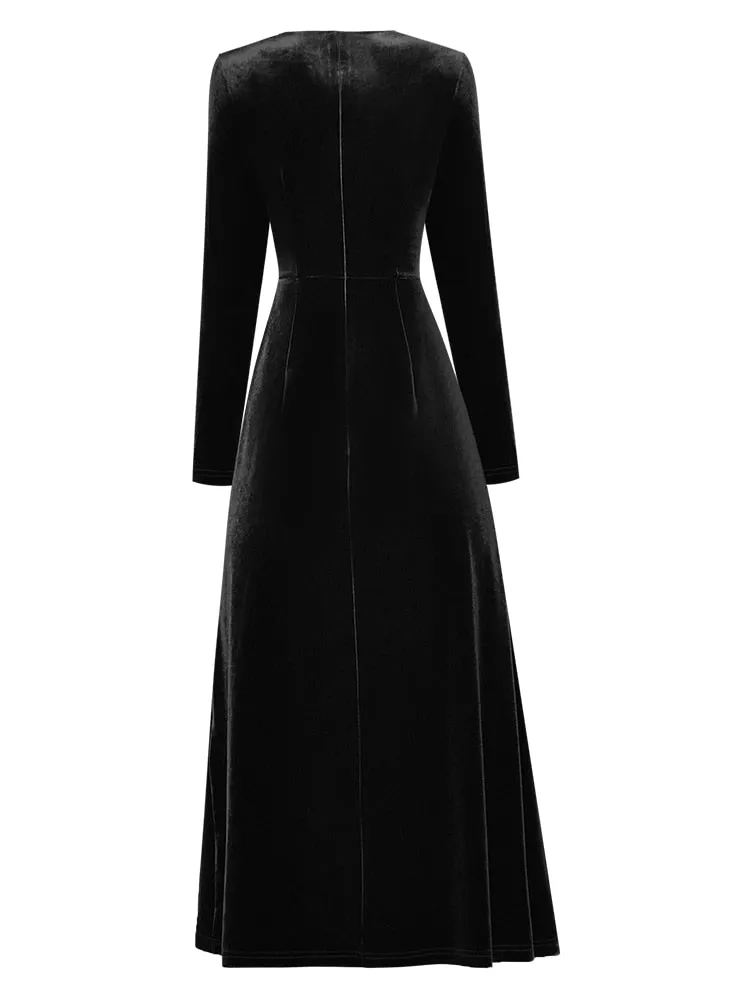 Renata Velvet Midi Dress Women's Square Collar Long Sleeve Patchwork Pleated Party Dress