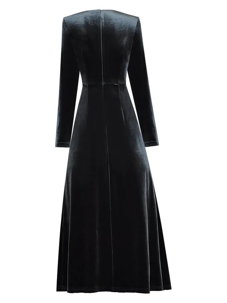 Renata Velvet Midi Dress Women's Square Collar Long Sleeve Patchwork Pleated Party Dress
