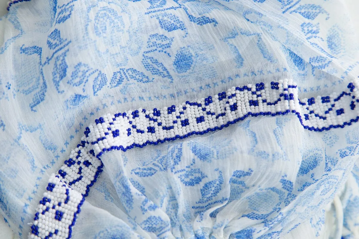 Rococo Sand White & Blue Paisley Silk Dress SZ S