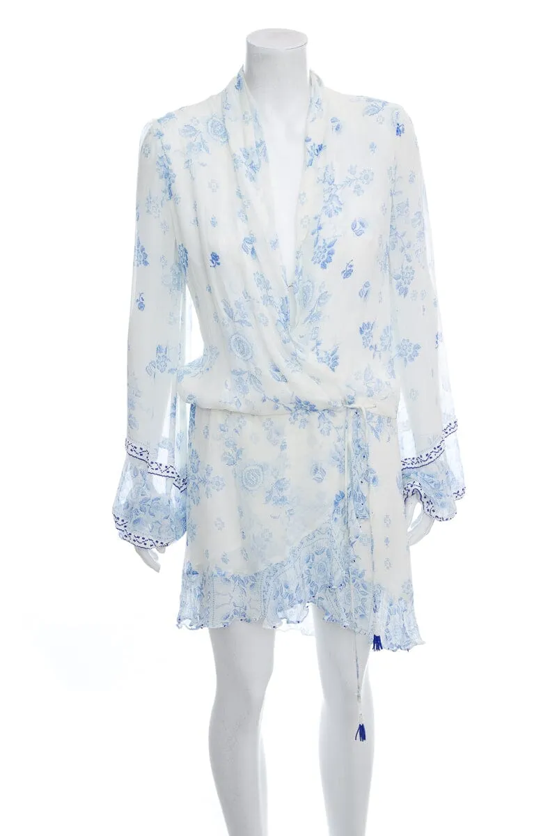 Rococo Sand White & Blue Paisley Silk Dress SZ S