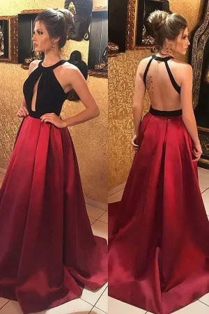 Round Neck A-Line Keyhole Backless Dark Red Satin Prom/Formal Dress,MP448