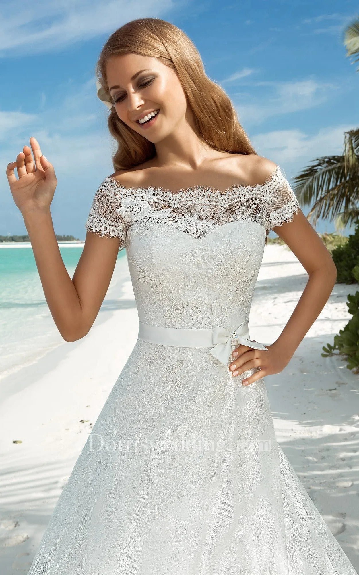 Royal Ball Gown Corset-Back Lace Wedding Dress With Bow-714151