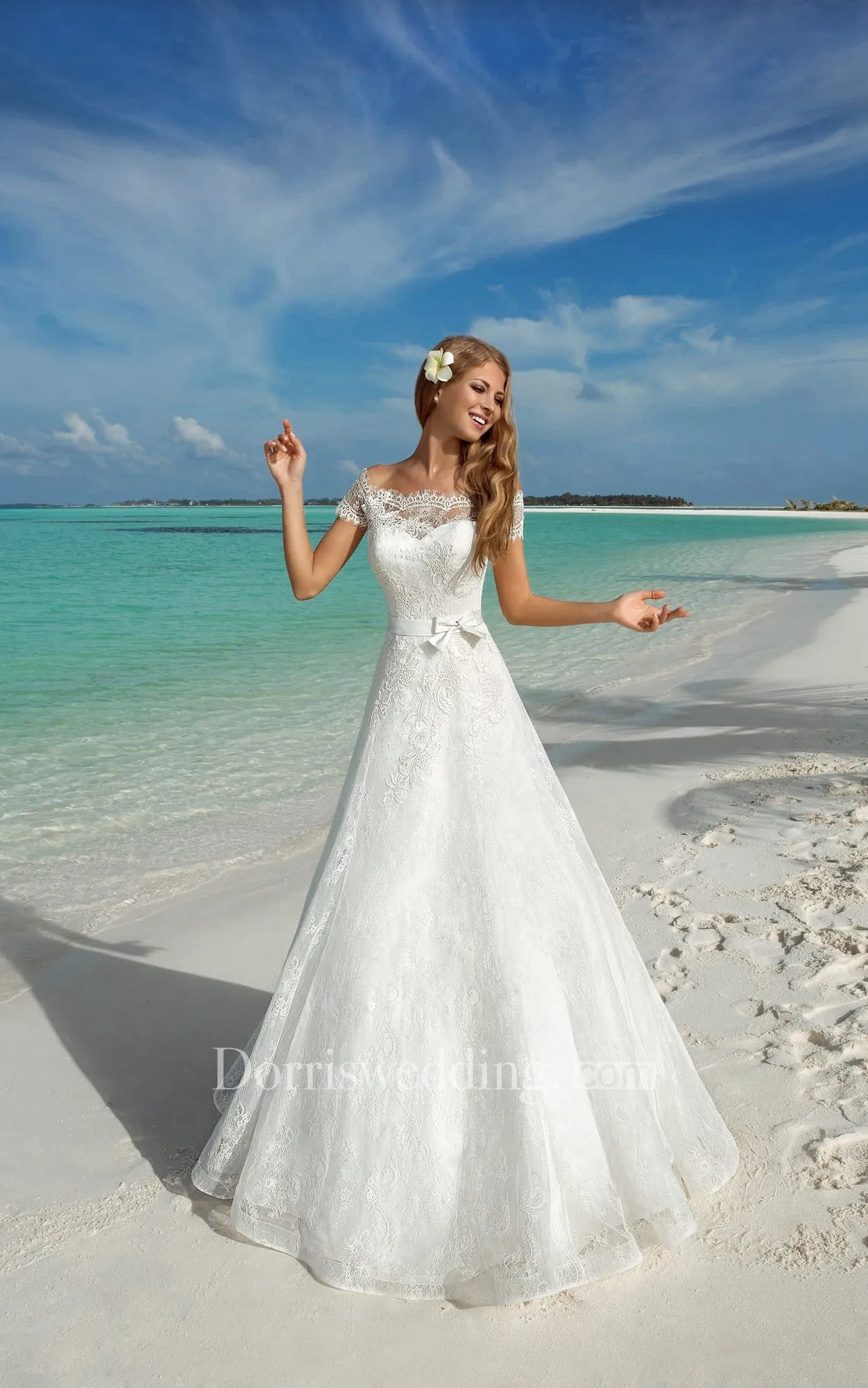 Royal Ball Gown Corset-Back Lace Wedding Dress With Bow-714151