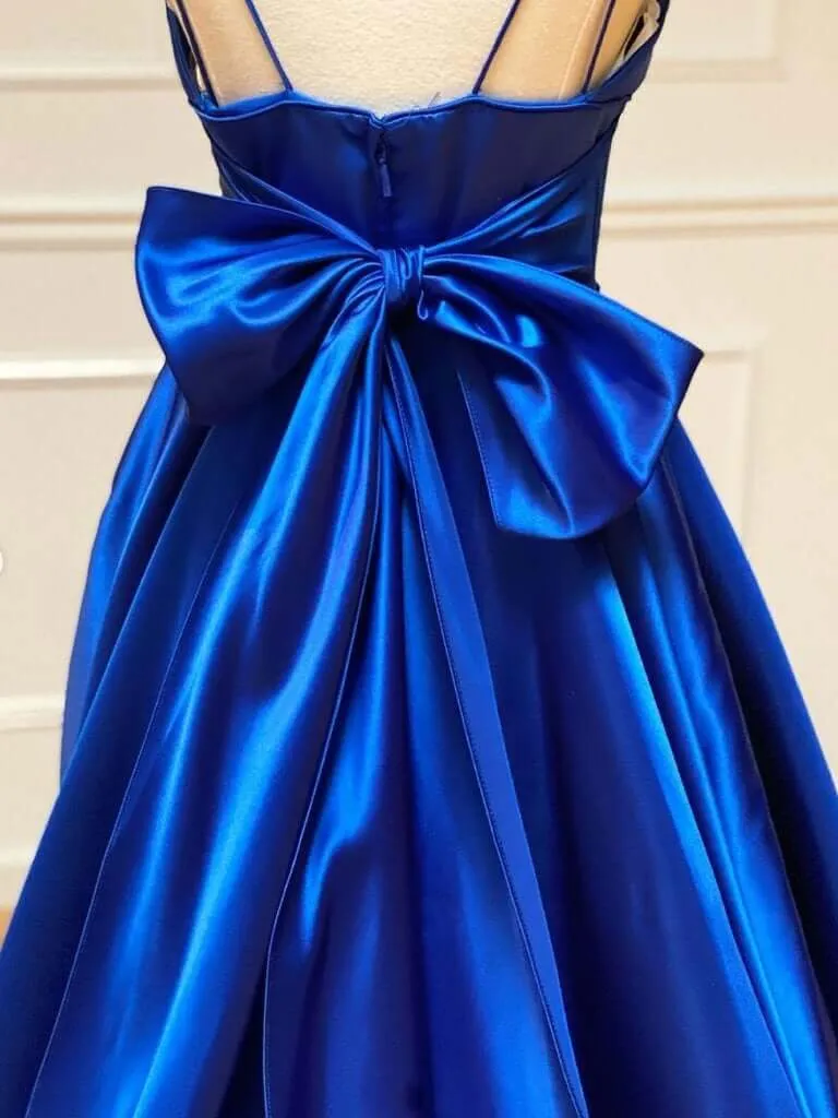 Royal Blue Satin A-line Spaghetti Straps Long Prom Dresses With Bowknot, MP692