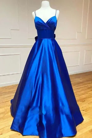 Royal Blue Satin A-line Spaghetti Straps Long Prom Dresses With Bowknot, MP692