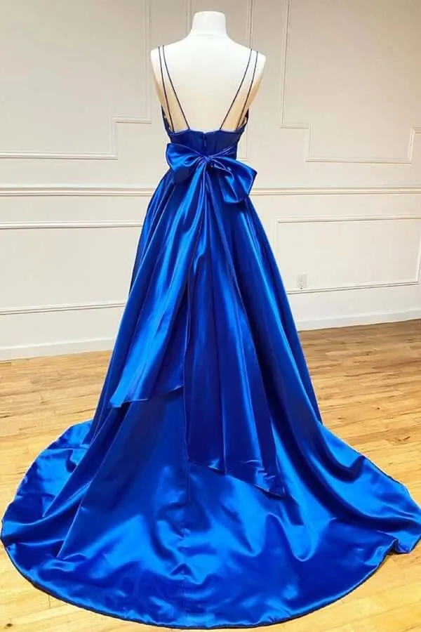 Royal Blue Satin A-line Spaghetti Straps Long Prom Dresses With Bowknot, MP692