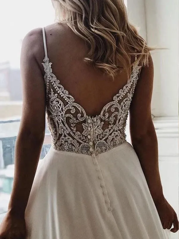 Roycebridal Cheap Spaghetti Straps Lace See Through Wedding Dresses Online,Cheap Unique Bridal Dresses,MW423