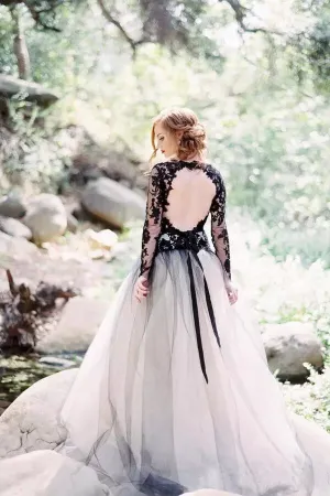 Roycebridal Gorgeous Black Lace A-line V-neck Long Sleeves Wedding Dresses, MW559
