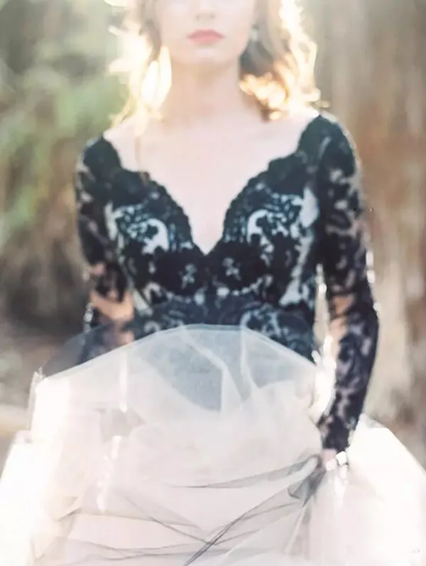 Roycebridal Gorgeous Black Lace A-line V-neck Long Sleeves Wedding Dresses, MW559