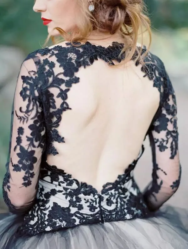 Roycebridal Gorgeous Black Lace A-line V-neck Long Sleeves Wedding Dresses, MW559
