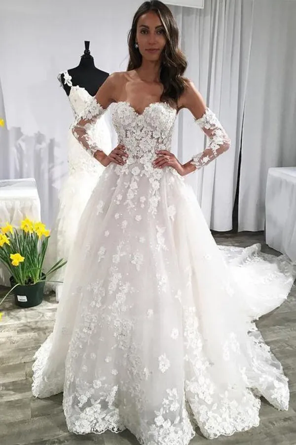 Roycebridal Ivory Lace Long Sleeves A-line Backless Wedding Dresses With Train, MW609