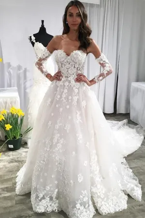 Roycebridal Ivory Lace Long Sleeves A-line Backless Wedding Dresses With Train, MW609