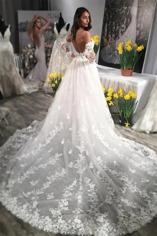 Roycebridal Ivory Lace Long Sleeves A-line Backless Wedding Dresses With Train, MW609