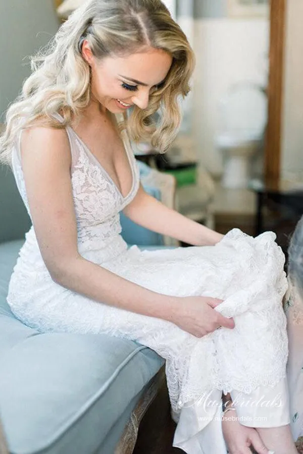 Roycebridal Ivory Lace Mermaid Backless V-neck Beach Wedding Dresses, Bridal Gown, MW689