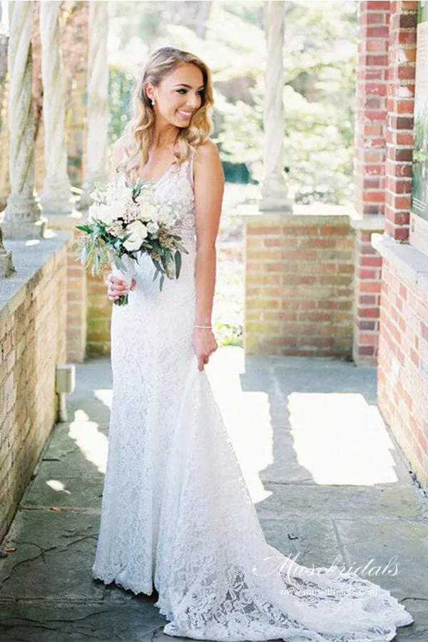 Roycebridal Ivory Lace Mermaid Backless V-neck Beach Wedding Dresses, Bridal Gown, MW689