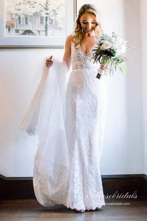 Roycebridal Ivory Lace Mermaid Backless V-neck Beach Wedding Dresses, Bridal Gown, MW689