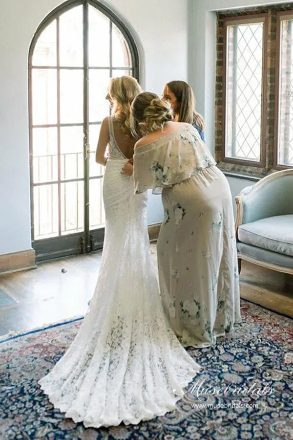 Roycebridal Ivory Lace Mermaid Backless V-neck Beach Wedding Dresses, Bridal Gown, MW689