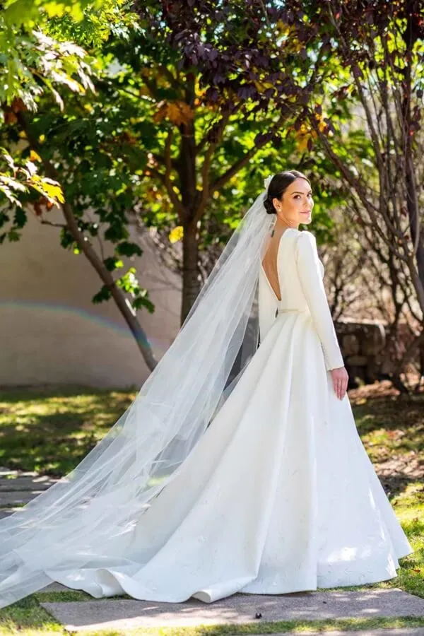 Roycebridal Ivory Satin A-line Long Sleeves Embroidery Modest Wedding Dresses, MW835