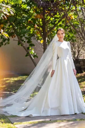 Roycebridal Ivory Satin A-line Long Sleeves Embroidery Modest Wedding Dresses, MW835
