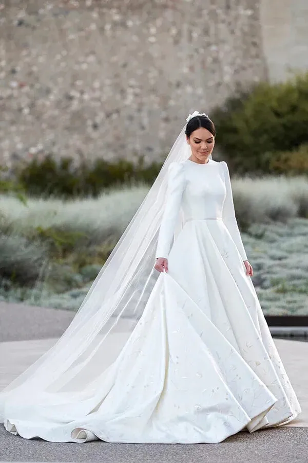 Roycebridal Ivory Satin A-line Long Sleeves Embroidery Modest Wedding Dresses, MW835