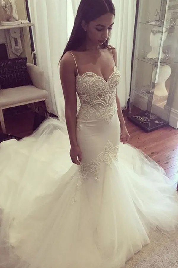 Roycebridal Ivory Tulle Lace Mermaid Spaghetti Straps Court Train Wedding Dresses, MW591
