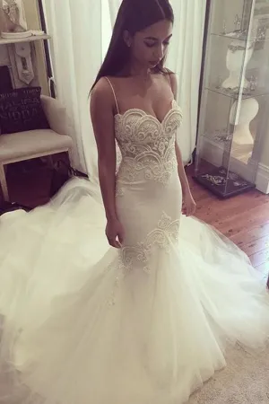 Roycebridal Ivory Tulle Lace Mermaid Spaghetti Straps Court Train Wedding Dresses, MW591