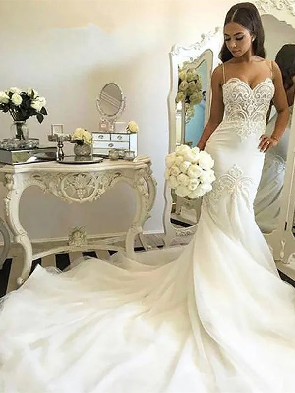 Roycebridal Ivory Tulle Lace Mermaid Spaghetti Straps Court Train Wedding Dresses, MW591