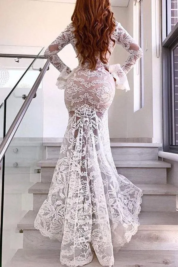 Roycebridal Lace Mermaid Deep V-neck Long Sleeves Wedding Dress, Wedding Gown, MW733