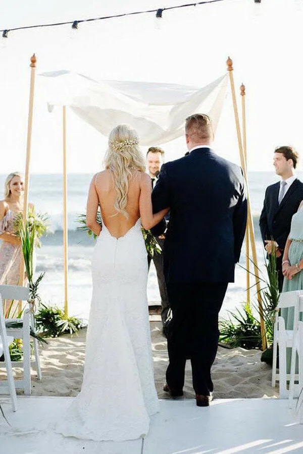 Roycebridal Lace Mermaid Spaghetti Straps V-neck Backless Beach Wedding Dresses, MW672